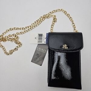 NWT Original RALPH LAUREN Phone Crossbody Bag Crinkle Patent Leather Black